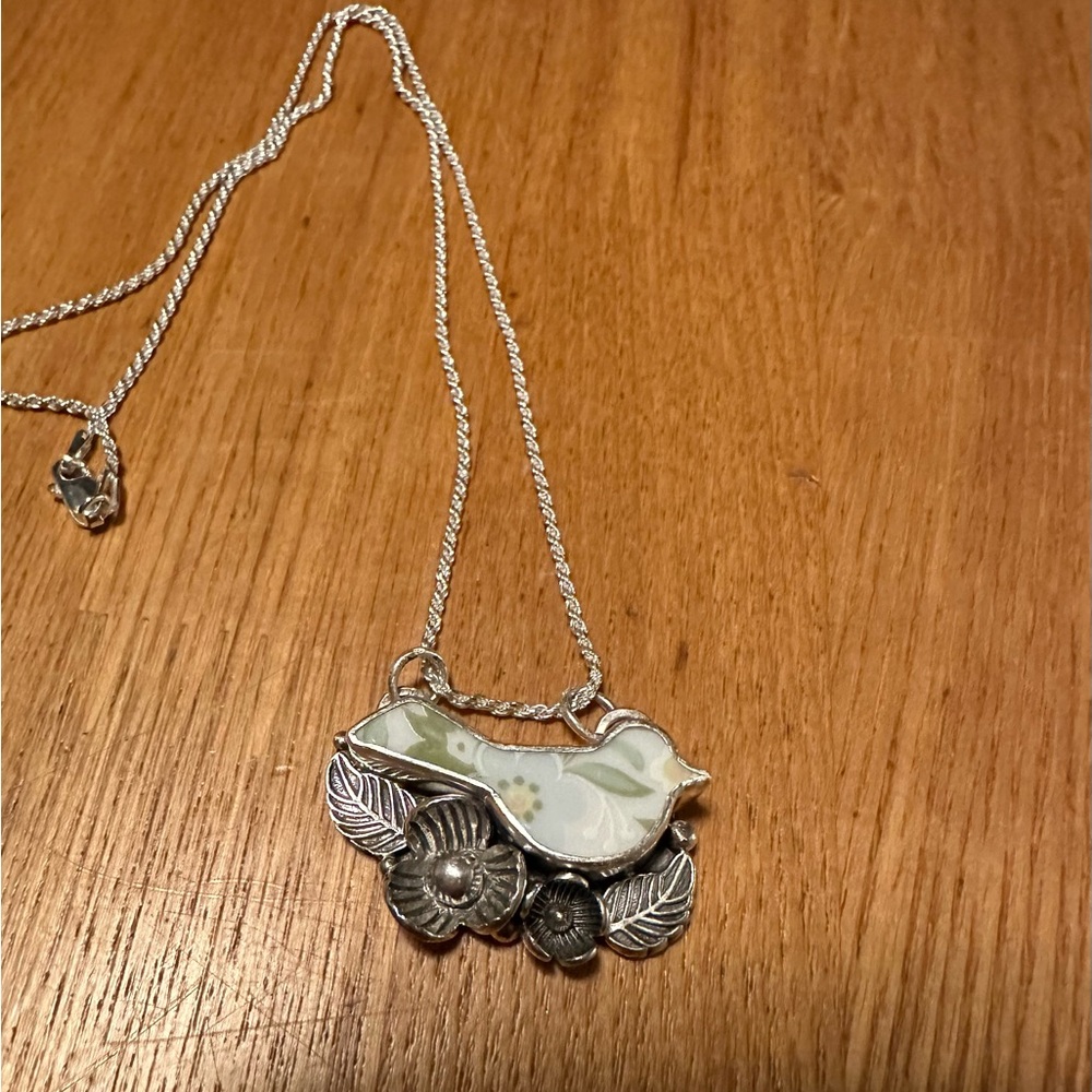 Sterling silver and antique china bird necklace